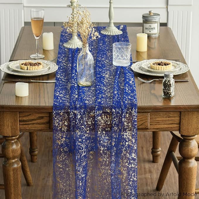 Artoid Mode 6PCS Blue Gold Gauze Table Runner 120 Inch 10FT, Glitter Metallic Foil Sheer Dining Wedding Anniversary Holiday Table Decor for Home Party