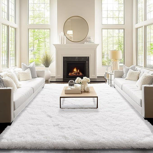 9x12 Area Rugs for Living Room, White Fluffy Shaggy Rug Soft Carpets, Big Rugs for Bedroom Nursery Kids Room Dorm Home Decor Aesthetic