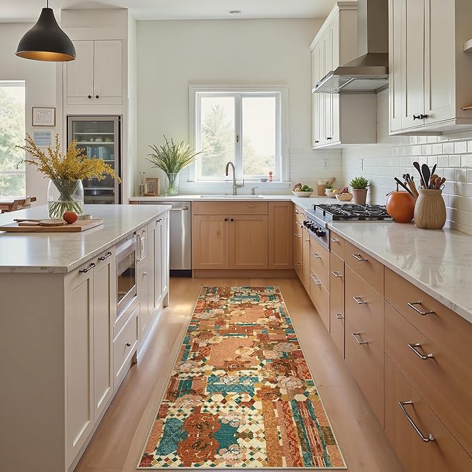 GENIMO Floral Runner Rug 2'6''x8, Machine Washable Non Slip Vintage Patchwork Hallway Runner, Ultra-Thin Low Pile Runners for Indoor Entryway, Hallway, Kitchen and Corridor,Rose Red