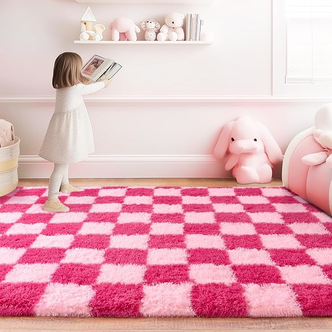 Checkered Rugs for Bedroom, Ultra Fluffy Fuzzy Shag Area Rug for Living Room 5x7, Modern Plush Soft Upgrade Non-Slip Carpet for Girls and Kids Room Dorm Nursery Home Decor, Pink and Hot Pink