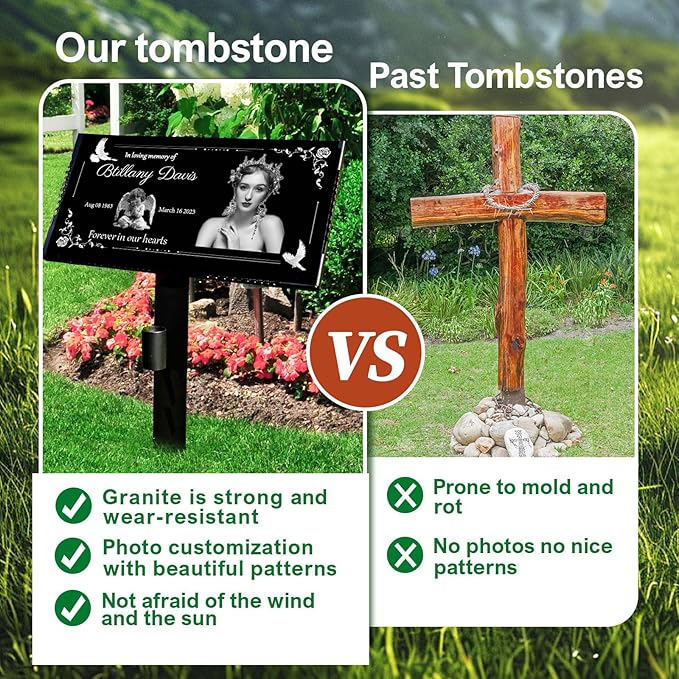 Personalized Headstone with Photo, Memorial Stone, Headstones for Graves, Grave Markers, Black Granite Garden Stone, Memorial Plaques for Outdoor, Grave Decoration for Cemetery (Picture right)