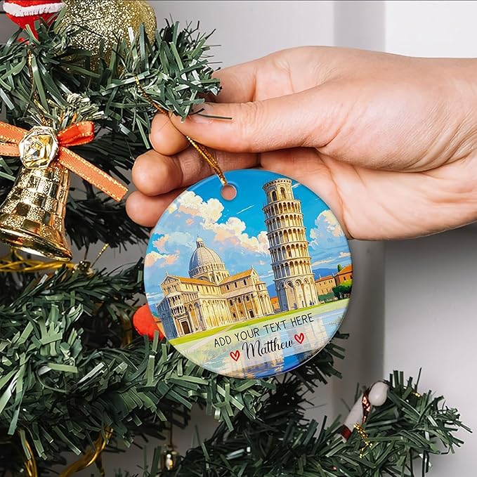 Leaning Tower of Pisa Italy Ceramic Christmas Ornament 2025, Personalized Pisa Italy Landscape Ornament for Xmas Tree, Custom Text/Name Italian Vacation Keepsake Ornaments Gift for Family Friends