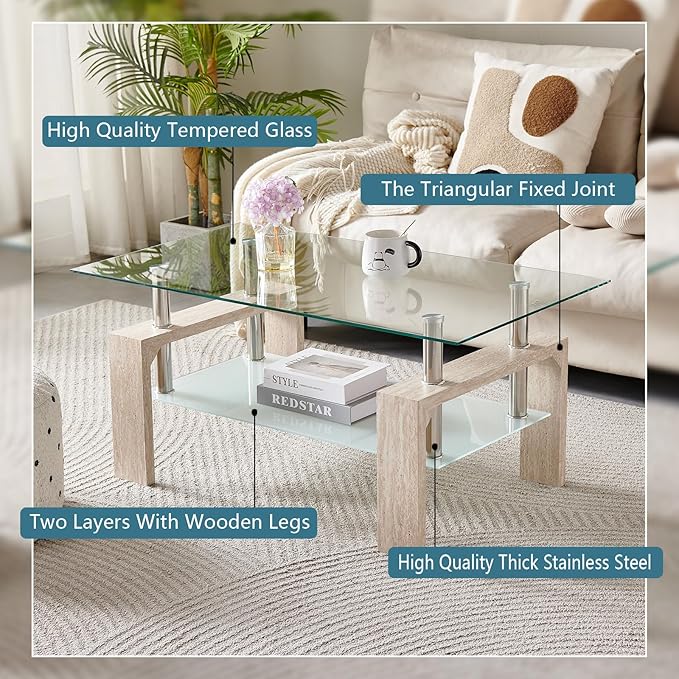 Living Room Rectangle Coffee Table, Tea Table Suitable for Waiting Room, Modern Side Coffee Table with Wooden Leg, Glass Tabletop with Lower Shelf (Yellow Travertine)