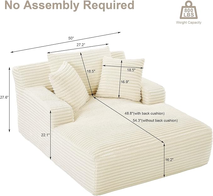 GNIXUU Oversized Chaise Lounge Chair Indoor, Comfy Corduroy Boneless Couch Reading Chair with 3 Pillows, Plush Memory Foam Sleeper Chair Lounge Sofa Bed for Living Room, Beige, No Assembly Required