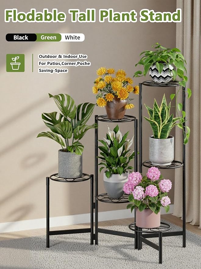 6 Tier Metal Plant Stands Outdoor Indoor, Heavy Duty Flower Pot Holder Potted Display Rack Shelf, Tall Corner Plant Shelf for Patio Garden Balcony Living Room Bedroom -BlackDiamond
