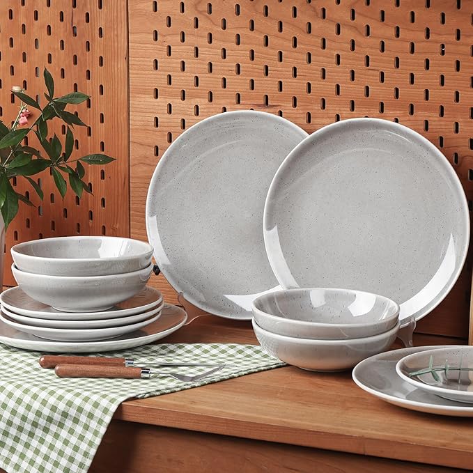 CQN&ZXD Ceramic Plates and Bowls Sets, 12 Pieces, Hand-Crafted Dishes set for 4 with Gradient Reactive-Glaze, Microwave & Dishwasher Safe Dinnerware Sets, Modern Style, Velvet Grey & Meteor Blue