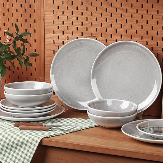 CQN&ZXD Ceramic Plates and Bowls Sets, 12 Pieces, Hand-Crafted Dishes set for 4 with Gradient Reactive-Glaze, Microwave & Dishwasher Safe Dinnerware Sets, Modern Style, Velvet Grey & Meteor Blue