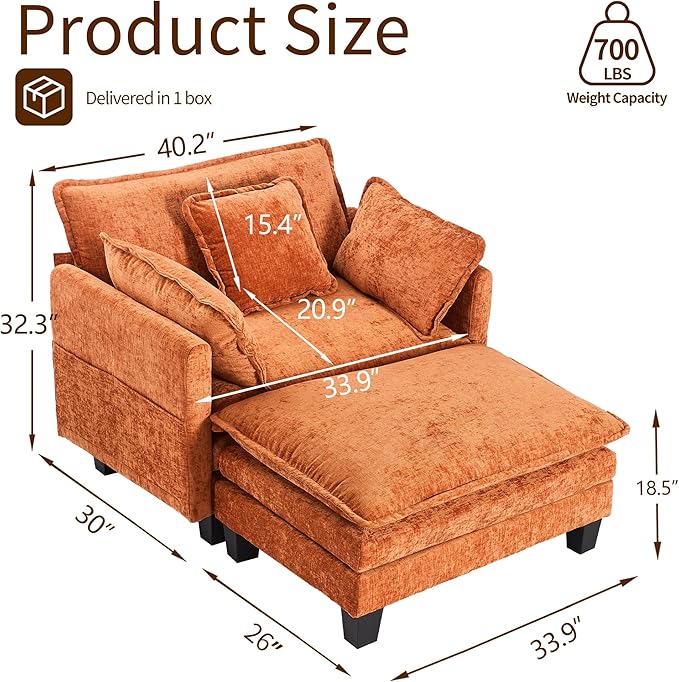 SweetGO corporation 40" Chenille Lounge Chair for Reading, Modern Couch Cozy Sofa Bed, Upholstered Living Room Single Sofa Accent Chair with Ottoman, Orange