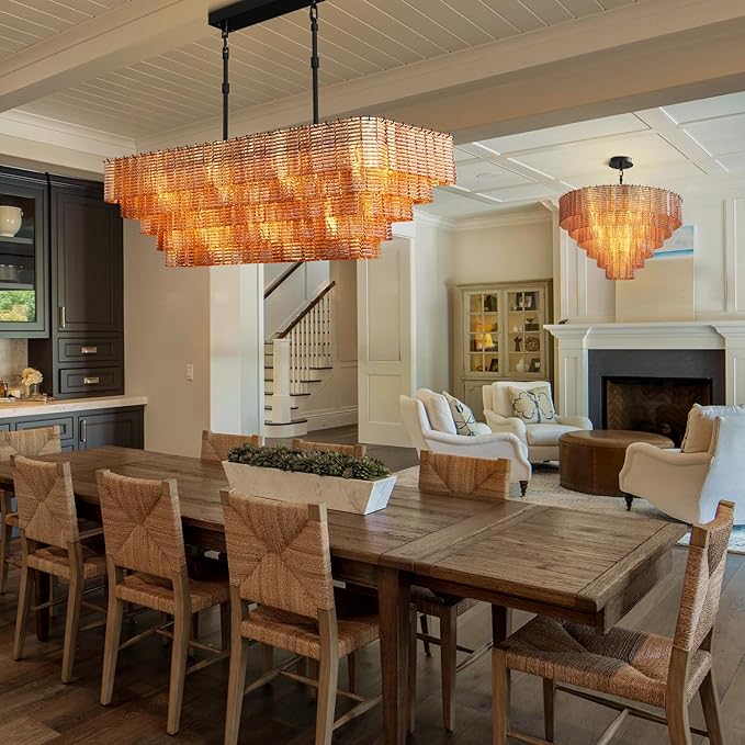 Rectangular Large Chandelier for Dining Room, 59" Black Pendant Light Fixture Over Kitchen Island, Linear Chandelier with Adjustable Height, Amber Glass Chandeliers for Dining Table & Living Room