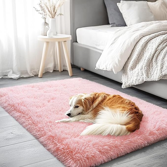 Pink Area Rug for Bedroom, 2x3 Small Rugs for Living Room Nursery Kids Room Dorm Home Decor Aesthetic, Fluffy Shaggy Rug with 4 Anti-Slip Carpet Tapes