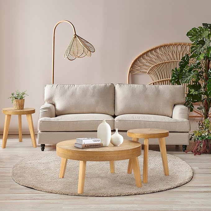 Farmhouse Round Coffee Table Set of 3, Boho Sofa Side Nesting Tables End Table Set with Wood Natural Finish for Living Room, Bedroom, Home Office,Natural