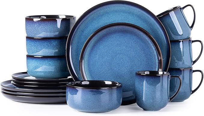 LERATIO Ceramic Dinnerware Sets for 4,16-PieceReactive Glaze Plates and Bowls Set with Mugs,Highly Chip and Crack Resistant | Dishwasher,Microwave & Oven Safe Dishes set-Blue