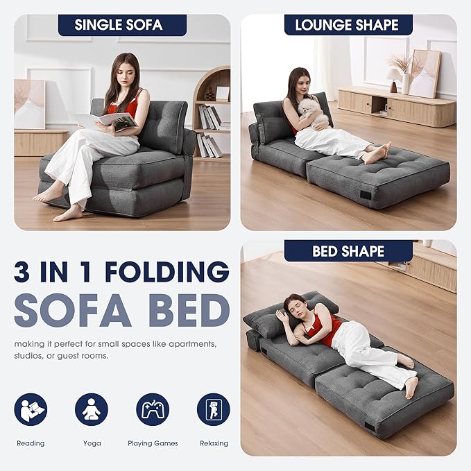 KINGYES Folding Sofa Bed, Convertible Sleeper Chair with Pillow, Foldable Single Futon Chair Floor Sofa Lounge for Living Room, Grey