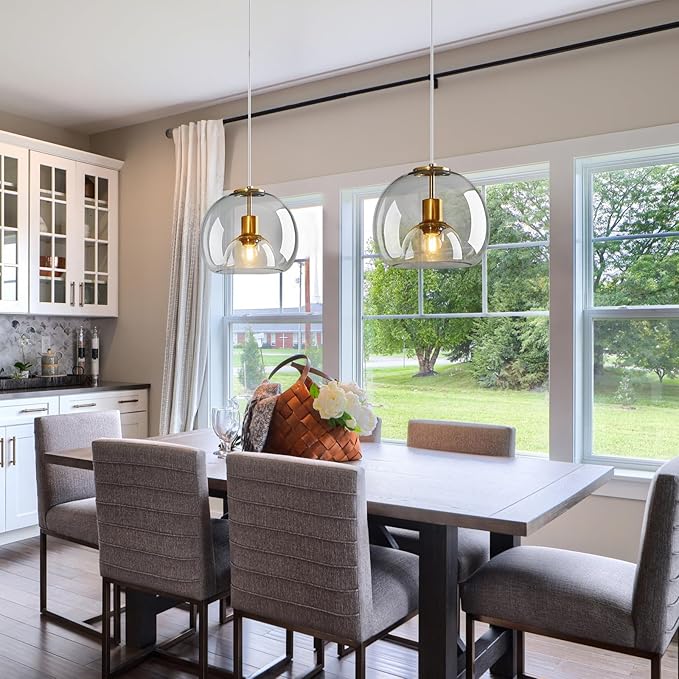 Clear Glass Pendant Lights Kitchen Island Gold Hanging Light Fixture Glass Globe Pendant Light Modern Pendant Lighting for Kitchen Island Bedroom Dining Room (9.84", 1 Pack)