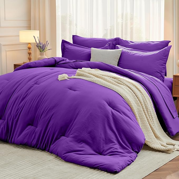MUXHOMO 7 Pieces Full Comforter Set, Soft Bed in a Bag Full Size, All Season Bedding Set with Comforter, Flat Sheet, Fitted Sheet, Pillowcases & Shams, Purple