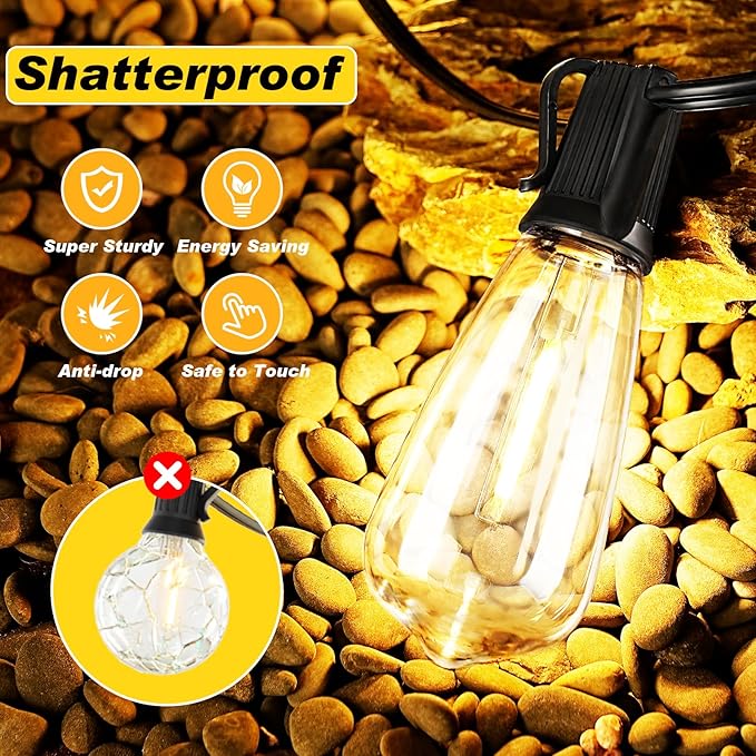 50 FT Outdoor String Lights with 27 Shatterproof Waterproof LED Edison Bulbs Connectable Hanging Patio Lights for Backyard Deck Party