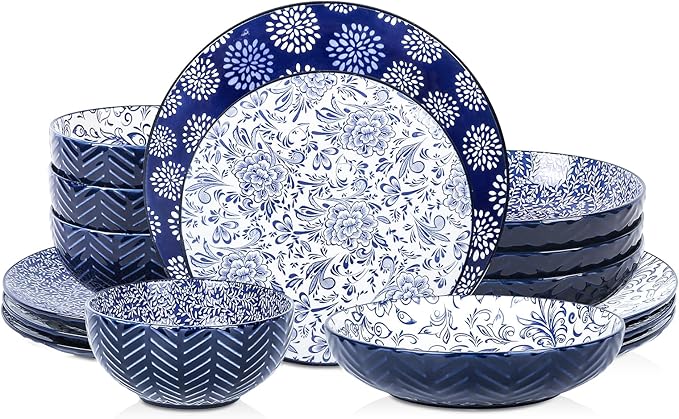 Selamica Dinnerware Sets 16 Piece, Ceramic Plates and Bowls Set, Embossed Dishes Set for 4, Housewarming, Dark Blue