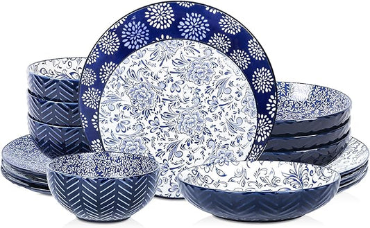 Selamica Dinnerware Sets 16 Piece, Ceramic Plates and Bowls Set, Embossed Dishes Set for 4, Housewarming, Dark Blue