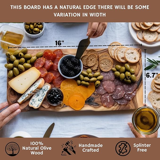 Live Edge Olive Wood Cutting Board 16"l X 6.75"w X 0.75"th Rustic Large Wooden Charcuterie Board - Handmade Bread & Cheese Board - Long Wood Charcuterie Boards - Natural Wood Cutting Board For Kitchen