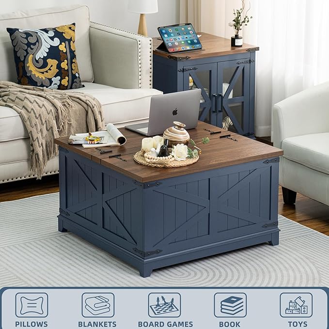 Farmhouse Coffee Table with Hidden Storage Organizer, Modern Square Large Center Table, Wood Farm House Low Navy Blue Living Room Tables with Hinged Lift Top for Home, Office