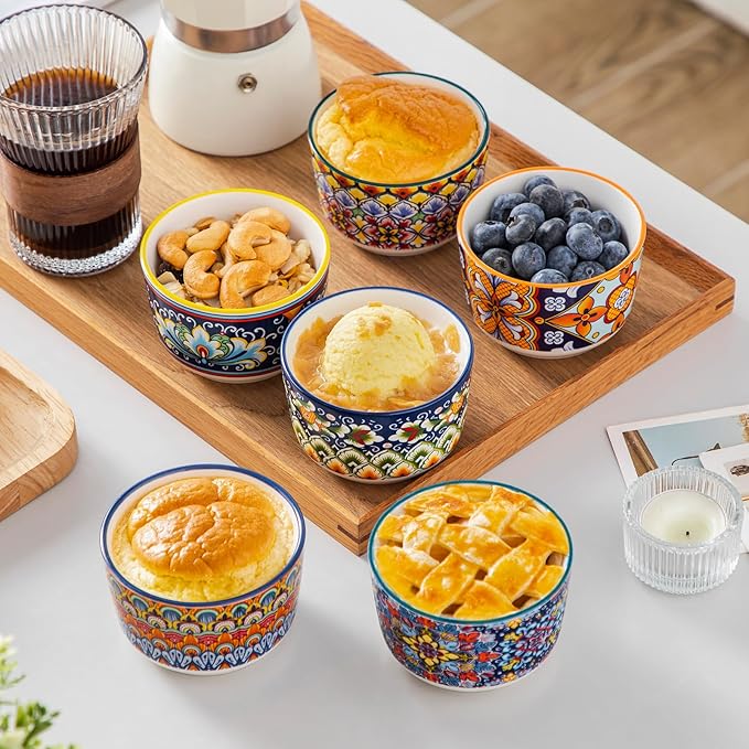 vancasso 6 Oz Ramekins Oven Safe Set of 6, Bohemian Creme Brulee Ramekins, Colorful Souffle Dishes, Pudding Custard Cups for Baking, Small Ceramic Bowls for Dipping Sauce, Ice Cream