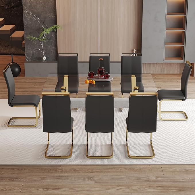 9 Piece Glass Dining Table Set, Kitchen Table Chairs Set for 8, 71'' Dining Table with 0.4" Tempered Glass Tabletop with Plated Metal Legs and MDF Crossbar, 8 PU Chairs for Dining Room, Kitchen.