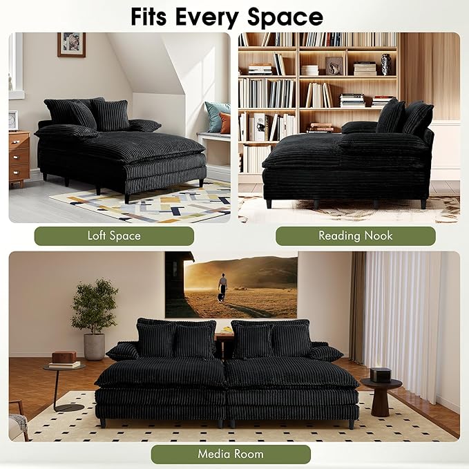 55" W Oversized Chaise Lounge Sofa Couch with 5-Position Adjustable Backrest, Corduroy Sleeper Chair Sofa Bed, Reading Chair ‌with Deep Seat, Cloud Couches for Living Room, Bedroom, Black