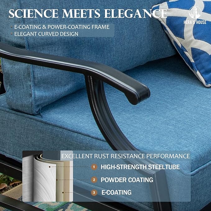 HERA'S HOUSE 6 Piece Patio Furniture Set, 2 x Swivel Cushioned Chair, 2 x Cushioned Ottoman, 1 x 3-Seat Sofa with Marbling Coffee Table, Outdoor Conversation Set for Lawn Garden Backyard, Navy Blue