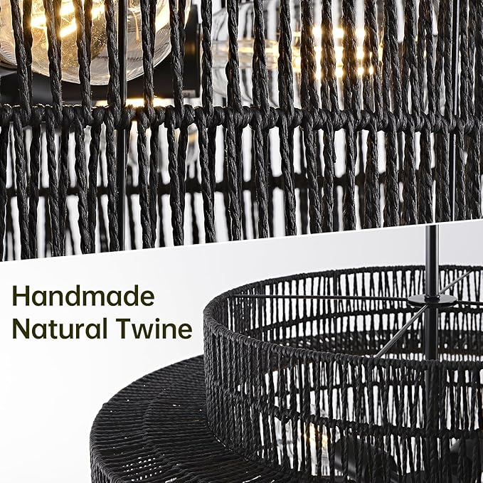 24” Black Boho Large Rattan Chandelier Light Fixture,6-Light Large Hand Woven Pendant Light Fixture Farmhouse Rustic Chandeliers for Kitchen Bedroom, Dining Room, Living Room, Hallway, Foyer