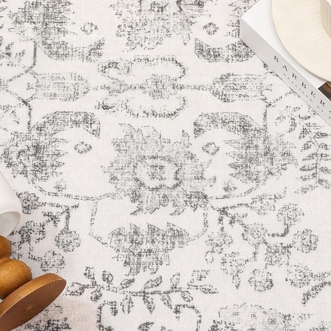 Gray Area Rug 10x14 Machine Washable Large Vintage Living Room Distressed Non Slip Carpet Traditional Indoor Bedroom Grey Retro Floral Accent Throw Rug for Office Kitchen Dining Room