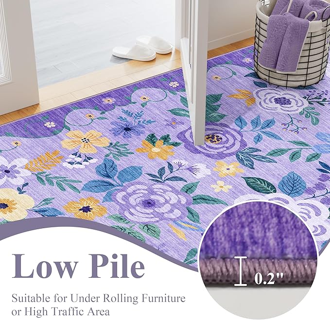 DUKINO 8x10 Area Rug, Floral Rugs for Living Room, Lightweight Non Slip Washable Rug, Indoor Low Pile & Non-Shedding Boho Design Rugs for Bedroom, Living Room, Dining Room, Purple