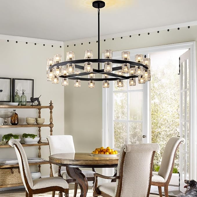 Modern Black Crystal Chandelier,36" K9 Crystal Chandeliers for Dining Room Over Table,Wagon Wheel Chandeliers for Dining Room,Living Room,Foyer,Includes 36XG4 Bulbs