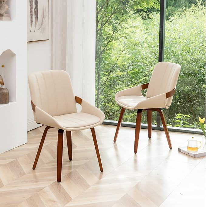 Mid Century Modern Beige Faux Leather Upholstered Dining Chairs Set of 2,Armless Accent Chairs with Sturdy Natural Wood Legs,Bamboo Backrest Support for Kitchen&Dining Room Chairs