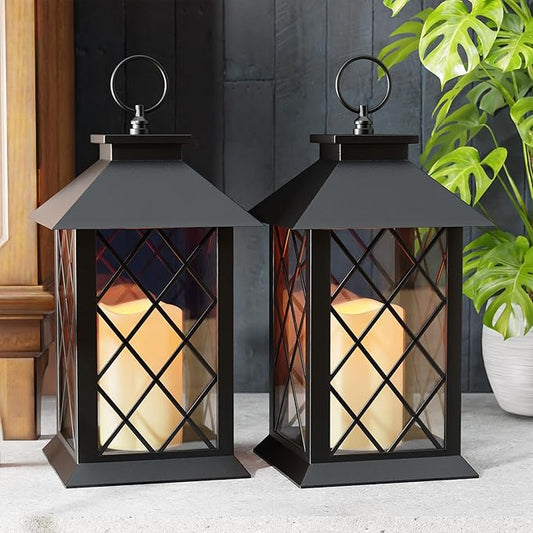13.4" Lanterns Decorative Indoor, Black Lantern Decor with Timer Flickering Candle, Diamond-shaped Outdoor Lanterns, Waterproof Hanging Lantern for Patio, Porch, Entryway, Centerpieces, 2 Pack
