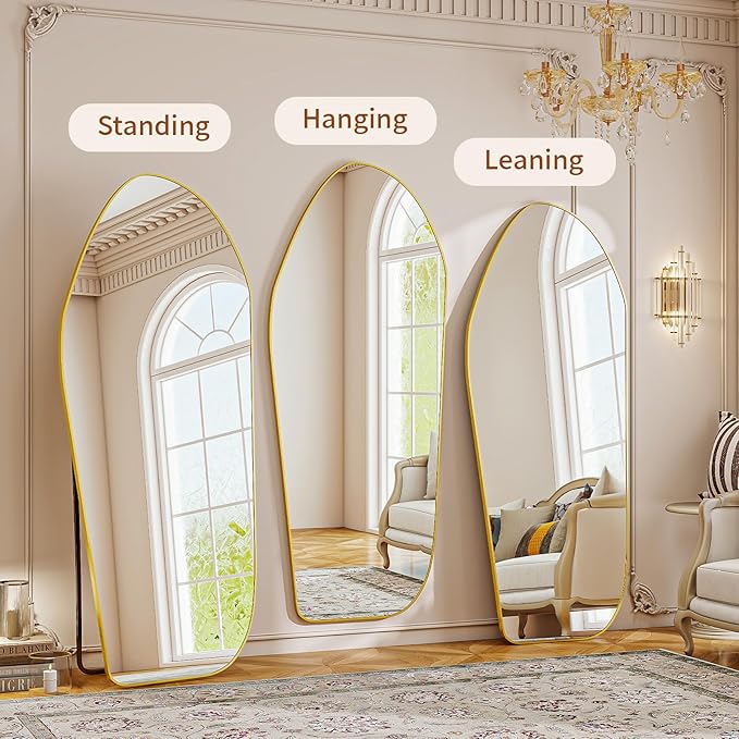 BEAUTYPEAK Full Length Dress Mirror - Floor Mirror 76"x34" Irregular Diamond Shape Aluminum Frame, Standing or Hanging Mirror for Bedroom Living Room Entryway, Gold