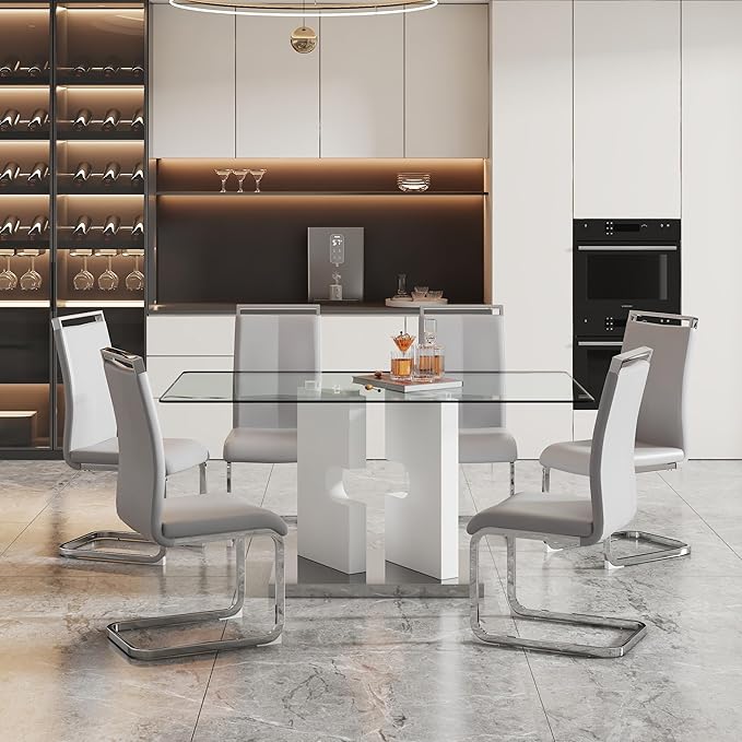 Glass Dining Table Set of 6, 63'' Dinner Room Glass Table Set for 6, Modern Kitchen Dinner Table Set with 6 Upholstered Faux Leather Dining Chairs, White Table+light Grey Chairs