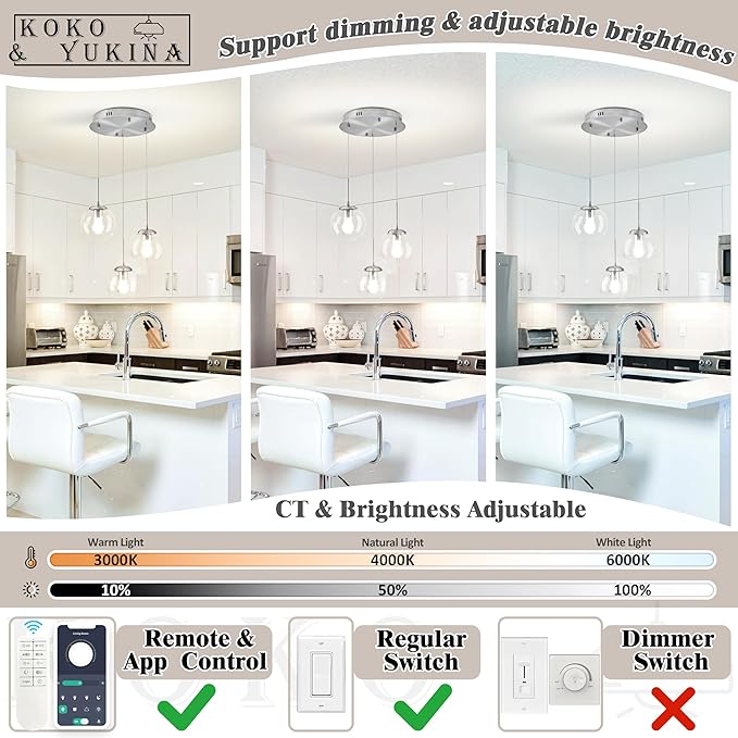 KoKo&Yukina 3-Light Globe Glass Pendant Light Modern Nickel Clear Globe Glass Chandelier Adjustable Length Pendant Lights Fixtures High Ceiling Light for Kitchen Island Foyer (Bulb & Remote Incl.)