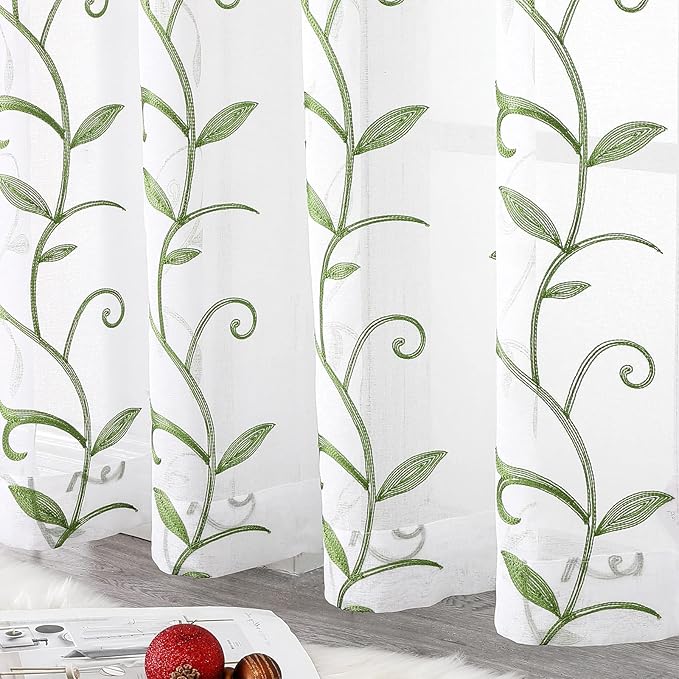 VISIONTEX Embroidered Green Sheer Voile Curtains, Leaves Embroidery Faux Linen Rod Pocket Window Drapes for Living Room and Girls Bedroom 54 x 84 Inch, Set of 2 Curtain Panels