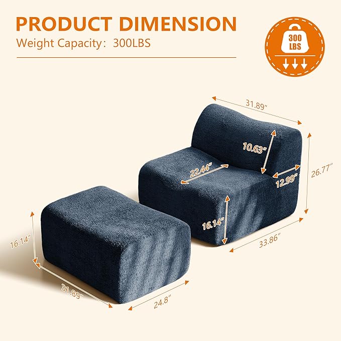 Lazy Sofa Chair, Modern Comfy Raindrop Velvet Fabric Deep Seat Armless Lounge Chair Movable Ottoman Set, 1-Seater Modular Sectional Sleeper Couch for Living Room, Bedroom, Office, Salon, Blue