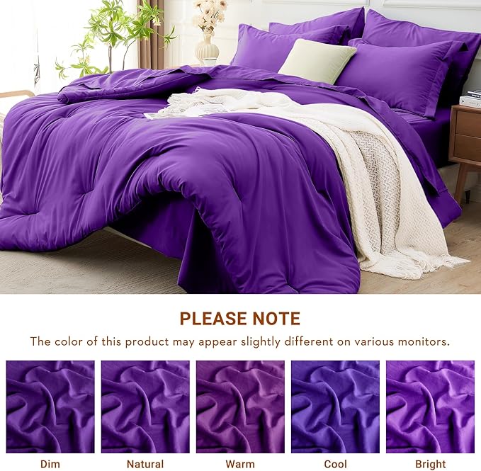 MUXHOMO 5 Pieces Twin Comforter Set, Soft Bed in a Bag Twin Size, All Season Bedding Set with Comforter, Flat Sheet, Fitted Sheet, Pillowcases & Shams, Purple