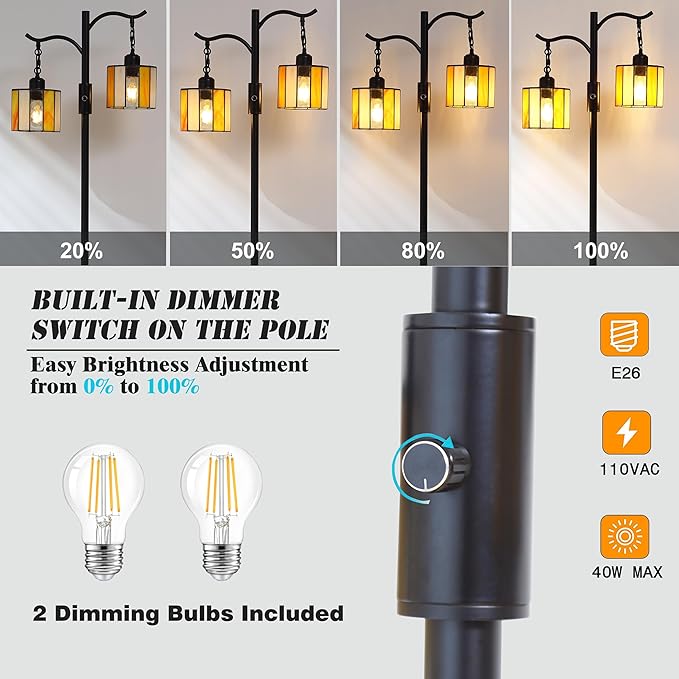 Vintage Dimmable Floor Lamp, Tiffany Standing Lamp with 2 Stained Glass Shades, Rustic Farmhouse Floor Lamp with Black Finish for Living Room Bedroom