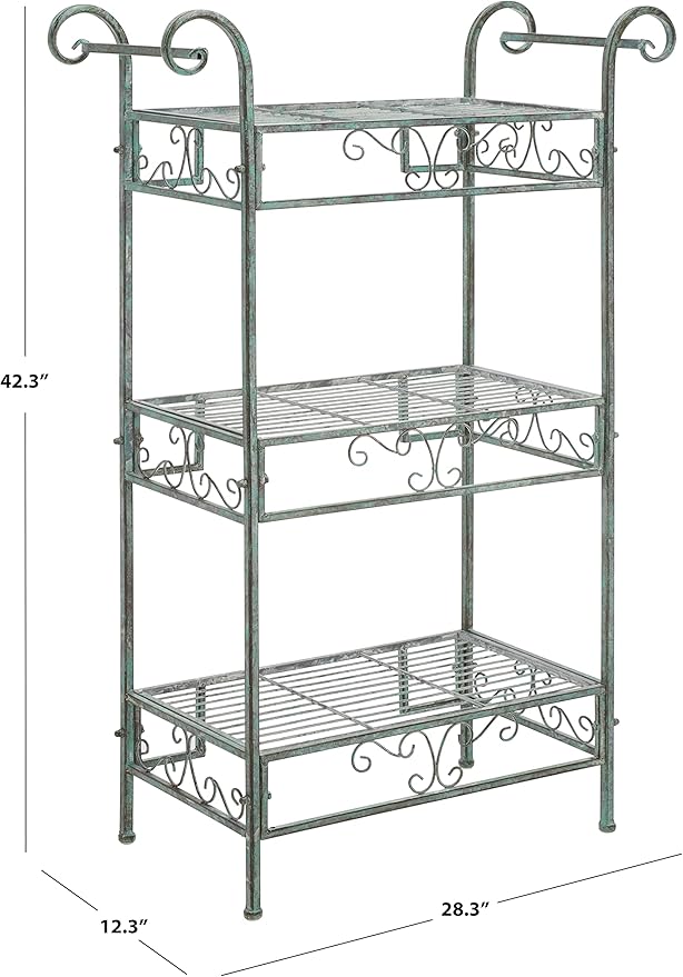 SAFAVIEH Outdoor Collection Noreen Victorian Scroll Antique Dark Green Wrought Iron 3-Tier Shelf