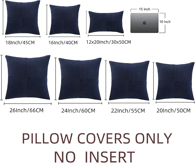 Fancy Homi 2 Packs Navy Blue Big Decorative Throw Pillow Covers 24x24 Inch for Living Room Couch Bed Sofa, Rustic Farmhouse Boho Home Decor, Soft Corss Corduroy Patchwork Accent Cushion Case 60x60 cm