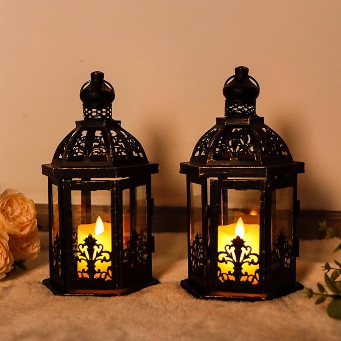TRIROCKS Set of 2 Vintage Decorative Lanterns 9.5" H Hanging Lantern Metal Candleholder with Tempered Glass for Indoor Outdoor Home Decor Parties Garden Events Wedding(Black with Gold Brush)
