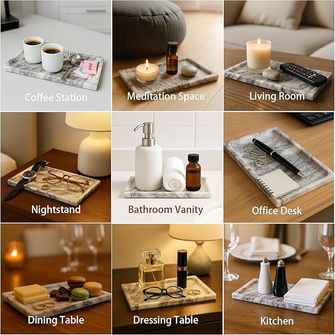 White Marble Vanity Tray – 10.63"x5.91" Rectangular Natural Stone Organizer for Bathroom Perfume Makeup Jewelry Dresser Entryway