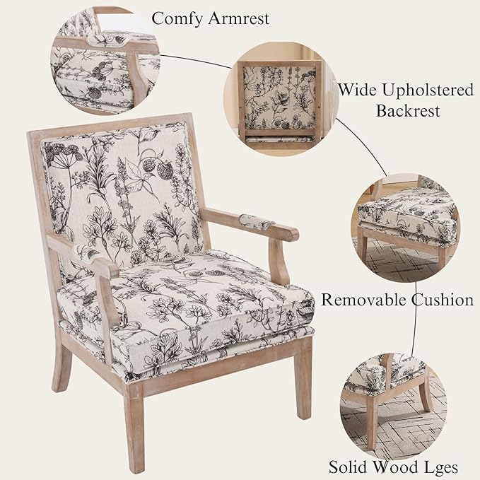 Floral Accent Chair Set of 2 Mid-Century Modern Living Room Chairs Upholstered Linen Lounge Armchair with Solid Wood Frame & Removable Cushion for Bedroom, Balcony, Floral Pattern