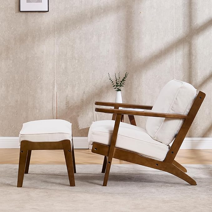Living Room Accent Chairs Mid Century Modern Reading Arm Chair with Ottoman, Fabric Bedroom Chair with Soild Wood Frame, Elegant Upholstered Side Chair, Beige-Fabric