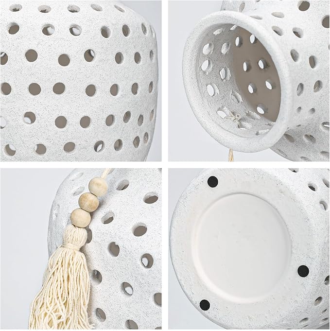 Ceramic Flower Vase Home Decor - 10 Inch Rustic Hollow White Pottery Vase Modern Farmhouse Vintage for Centerpieces House Living Room Dining Table Shelf Mantel Decoration