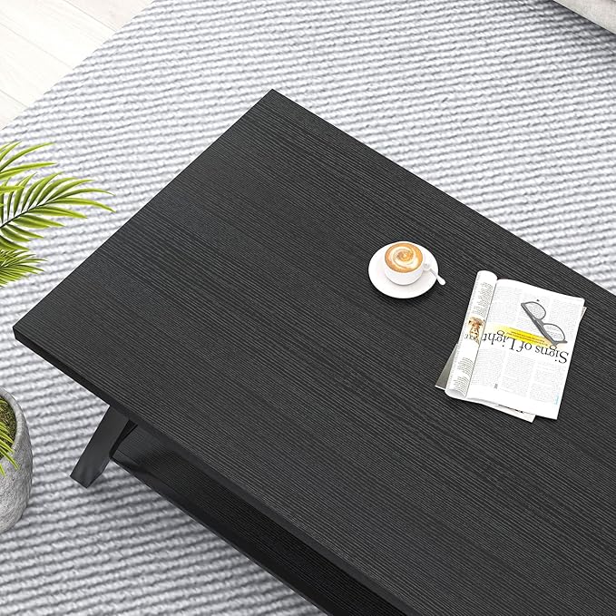 EXCEFUR Black Coffee Table, Modern Wood and Metal Center Table with Storage Shelf, Industrial Rectangle Cocktail Tea Table for Living Room, 47 Inch