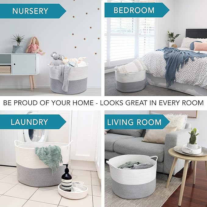 XXXL WASHABLE Large Blanket Basket 85L 2PCs Handmade Decorative Woven Baskets for Storage - Soft Durable XXX Large Cotton Rope Blanket Storage for Living Room, Toys, Organizer 22" x 14" (Grey/White)